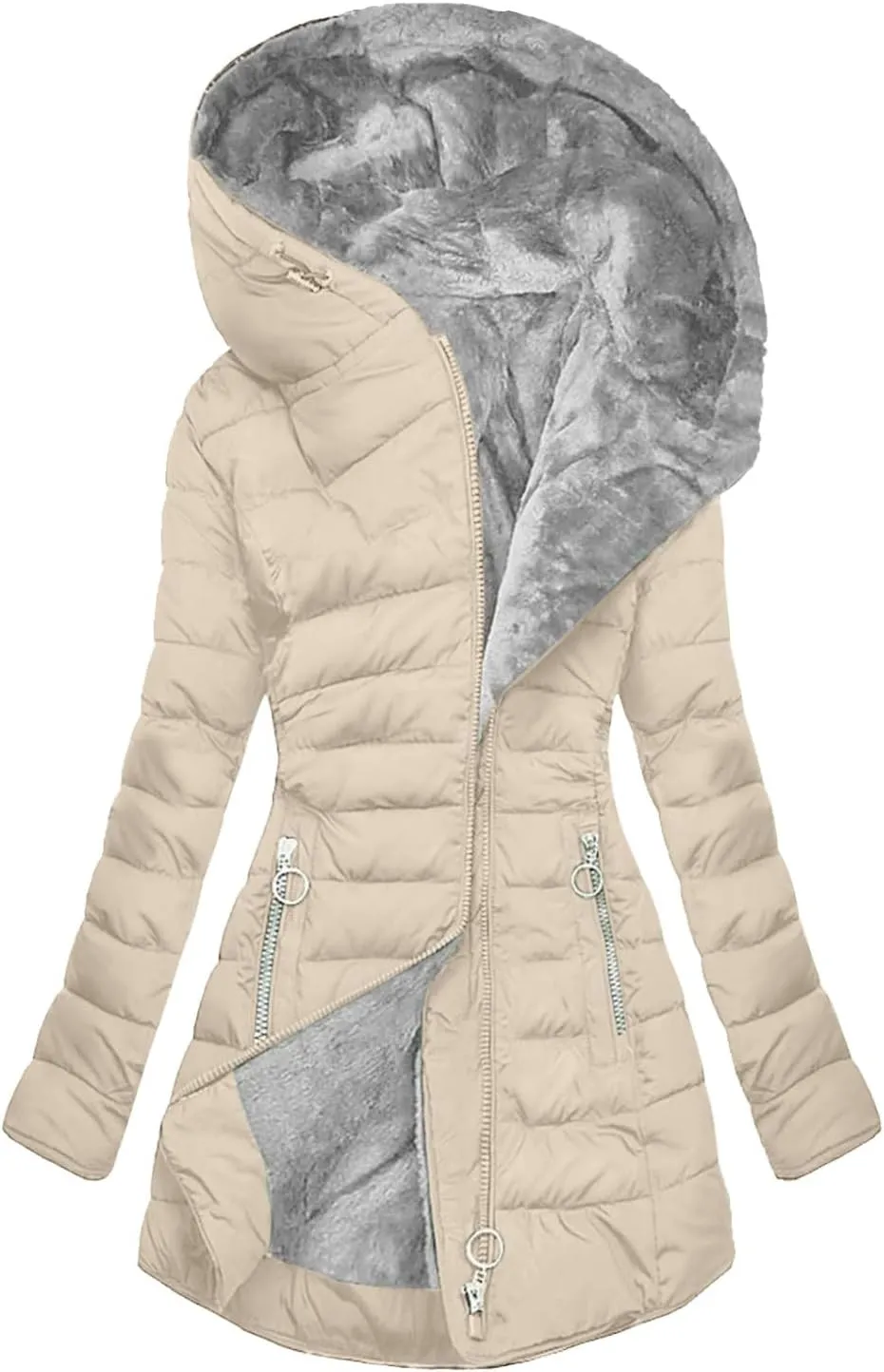 Women Winter Warm Coats Plush Fleece Lined Jackets with Pockets Zip Up Hoodie Quilted Puffer Padded Overcoat