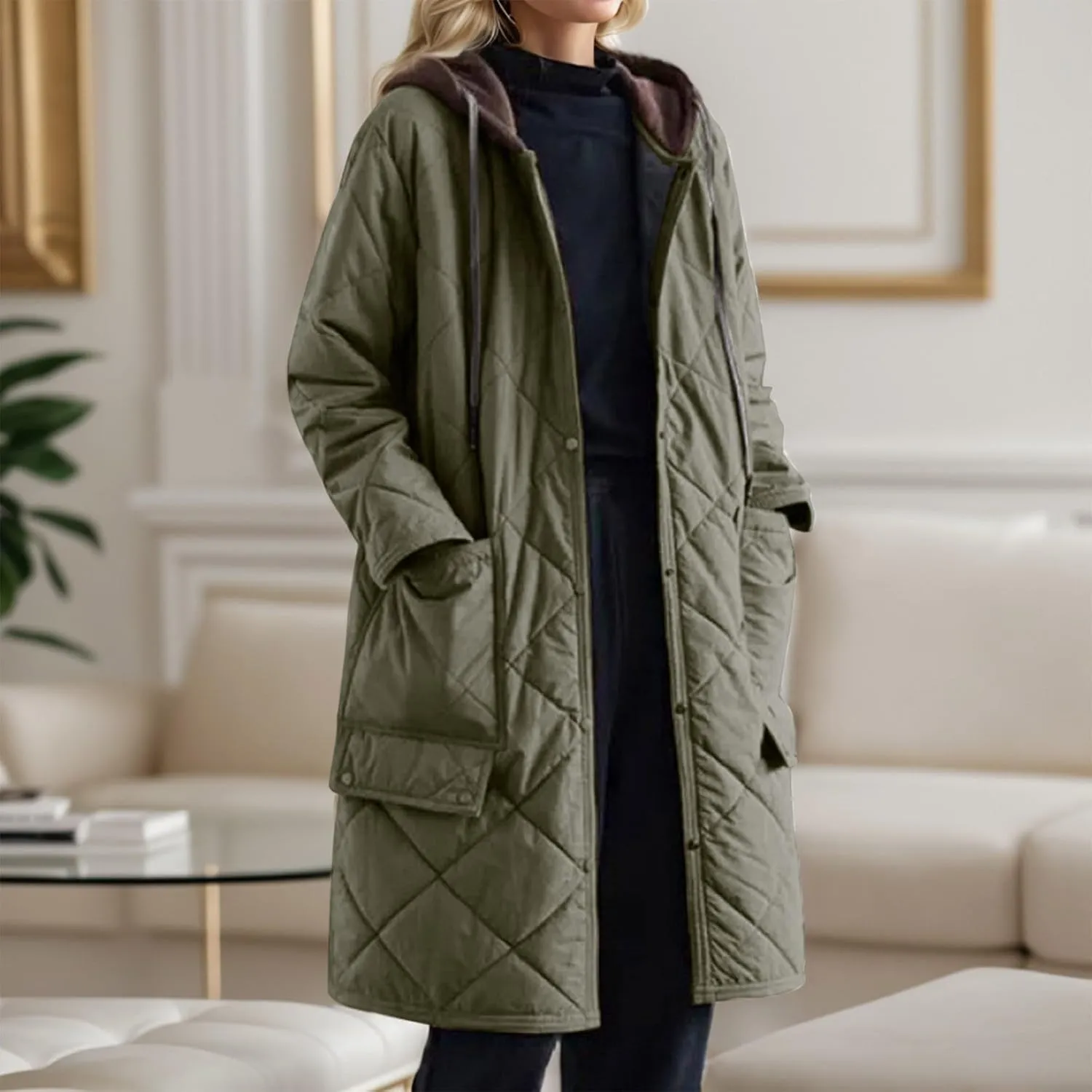 Womens 2024 Simple Solid Long Puffer Coat Long Sleeve Pockets Down Coat Casual Warm Slim Jacket Daily Winter Outfits