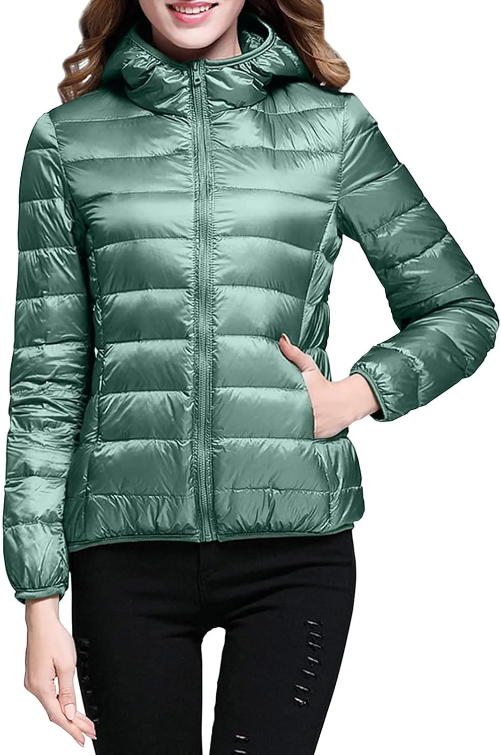 Womens 2024 Winter Warm Waterproof Solid Puffer Coat Zipper with Hood Quilted Down Coat Casual Slim Outdoor Overcoat