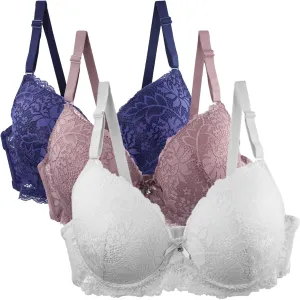 Women's 3 PC Trendy Lace Bras Sexy Seamless Push Up Sport Bra Casual Comfy Breathable Base Bralettle Underwear