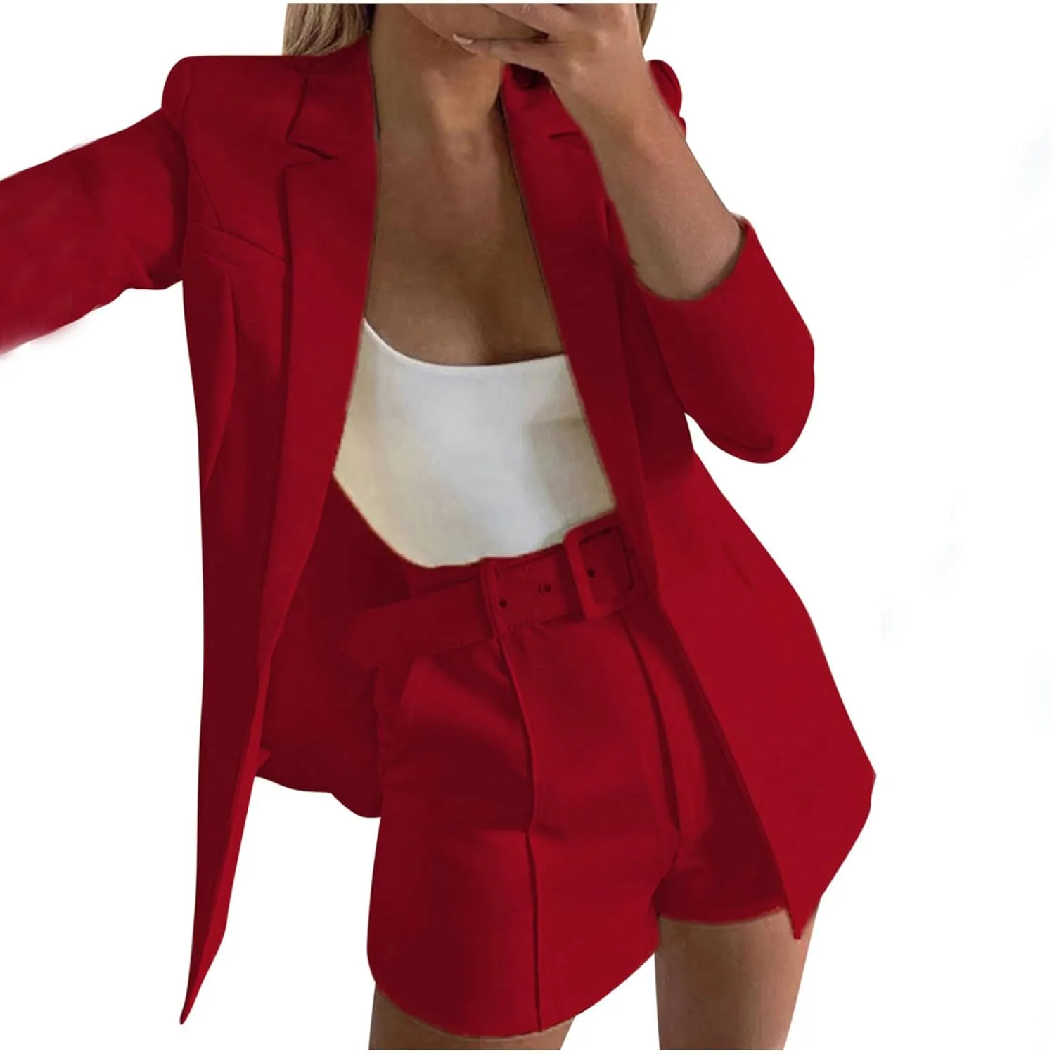 Women's 3 Piece Office Work Suit Set Long Sleeves Blazer  Shorts with Belt Solid Casual Lapel Front Open Cardigan
