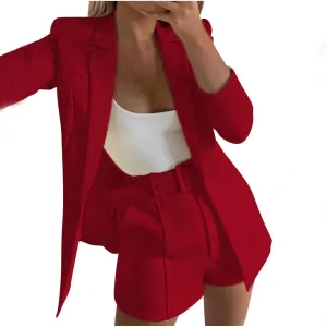 Women's 3 Piece Office Work Suit Set Long Sleeves Blazer  Shorts with Belt Solid Casual Lapel Front Open Cardigan
