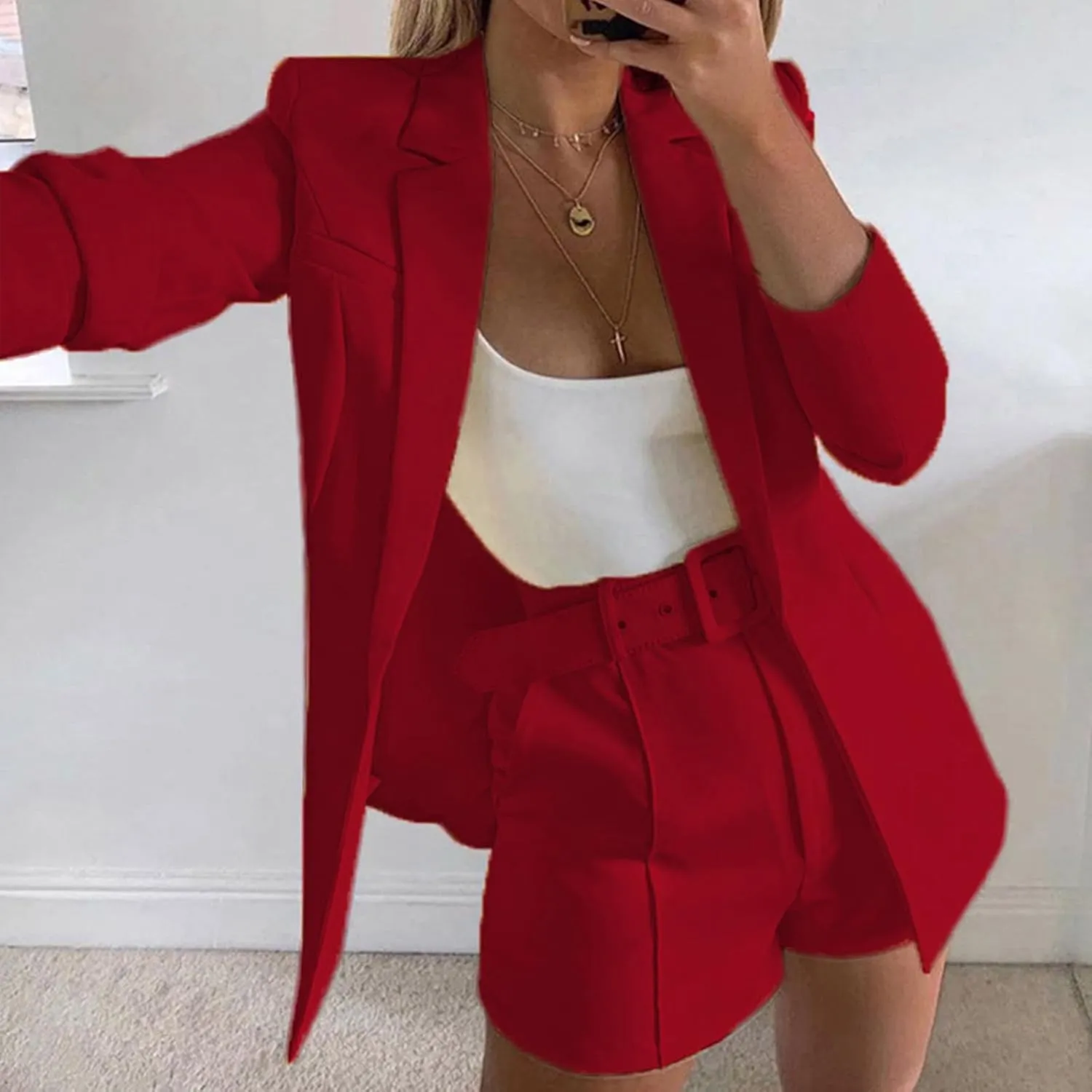 Women's 3 Piece Office Work Suit Set Long Sleeves Blazer  Shorts with Belt Solid Casual Lapel Front Open Cardigan