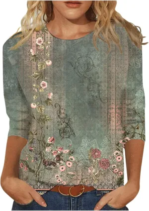 Women's 3/4 Sleeve Shirts Crew Neck Loose Tops Casual Solid Color Tshirts Trendy Basic Tunic Summer Ladies Tops