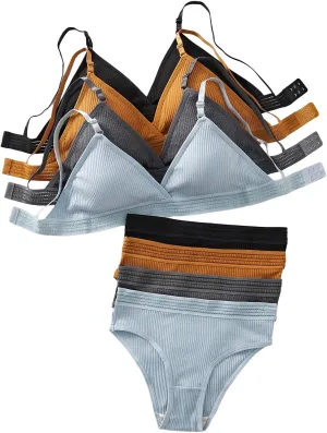 Women's 4 Sets Ribbed Knit Lingerie Sets Wireless Bra and Panties Briefs Matching Underwear Sets