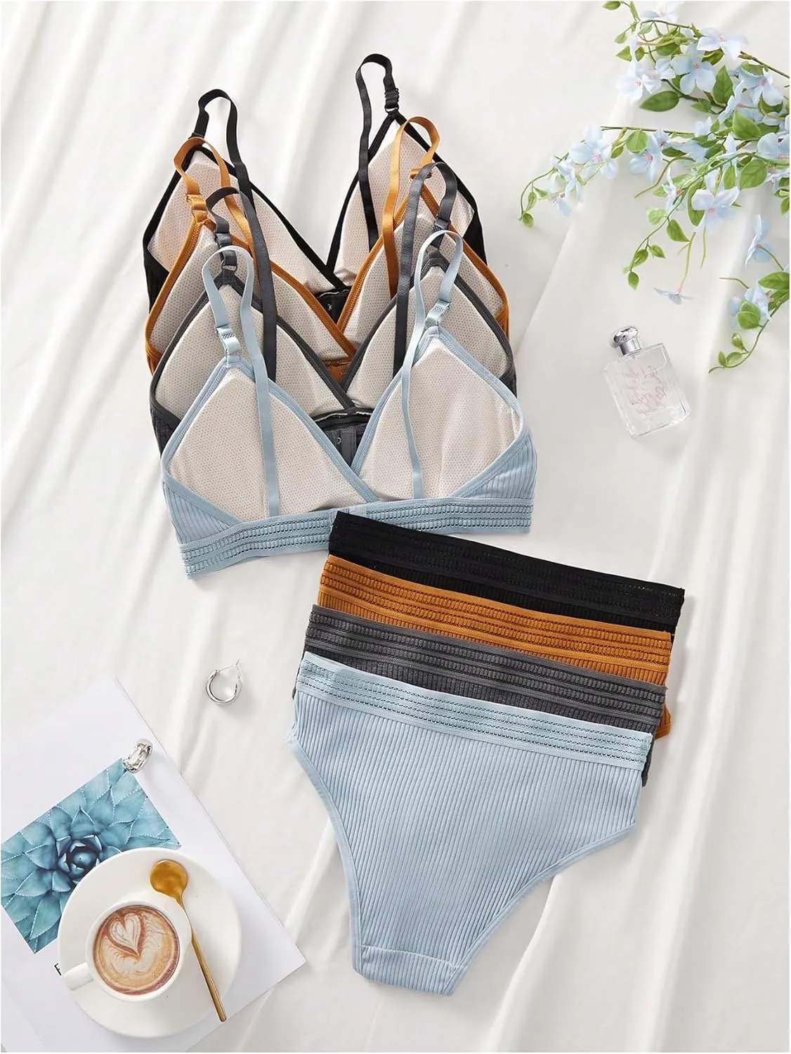 Women's 4 Sets Ribbed Knit Lingerie Sets Wireless Bra and Panties Briefs Matching Underwear Sets