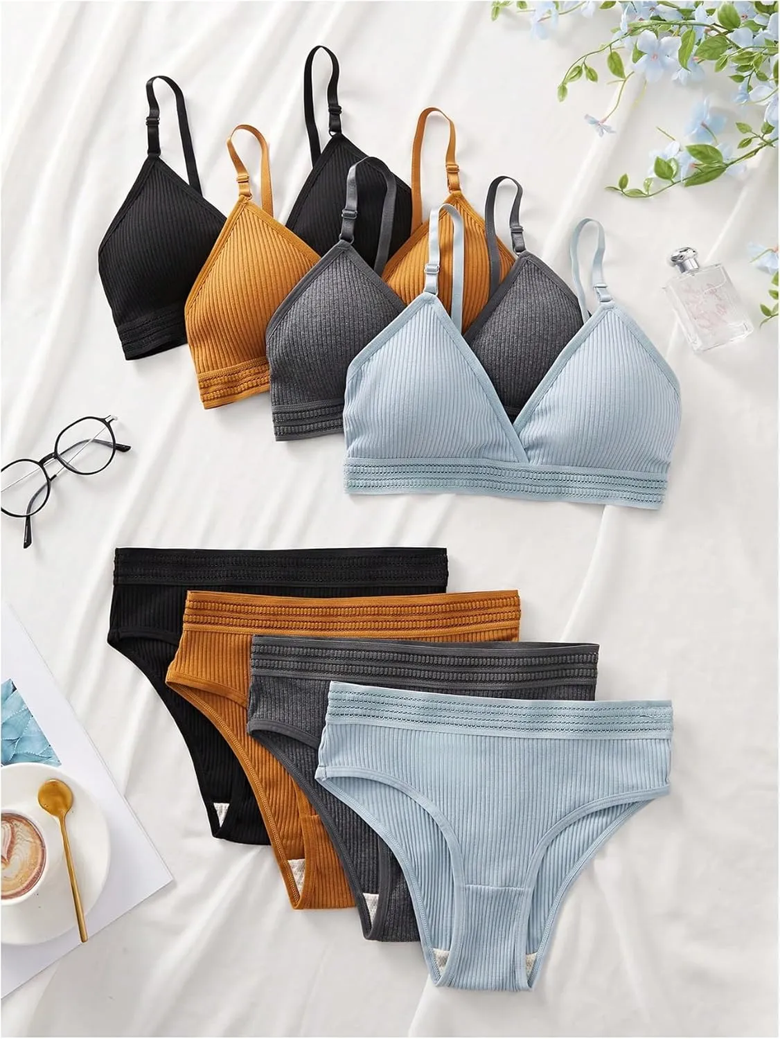 Women's 4 Sets Ribbed Knit Lingerie Sets Wireless Bra and Panties Briefs Matching Underwear Sets