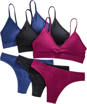Women's 6 Piece Ribbed Knit Lingerie Sets Seamless Wireless No Show Bra and Panty Thong Sets Matching Underwear Sets