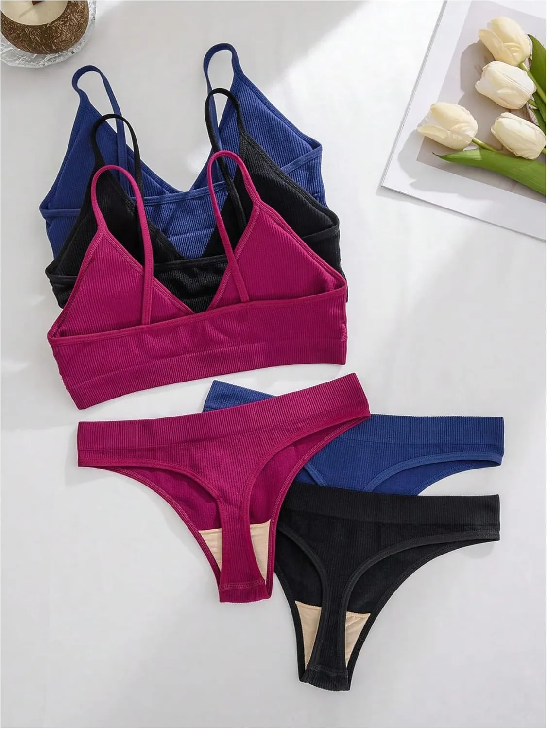 Women's 6 Piece Ribbed Knit Lingerie Sets Seamless Wireless No Show Bra and Panty Thong Sets Matching Underwear Sets