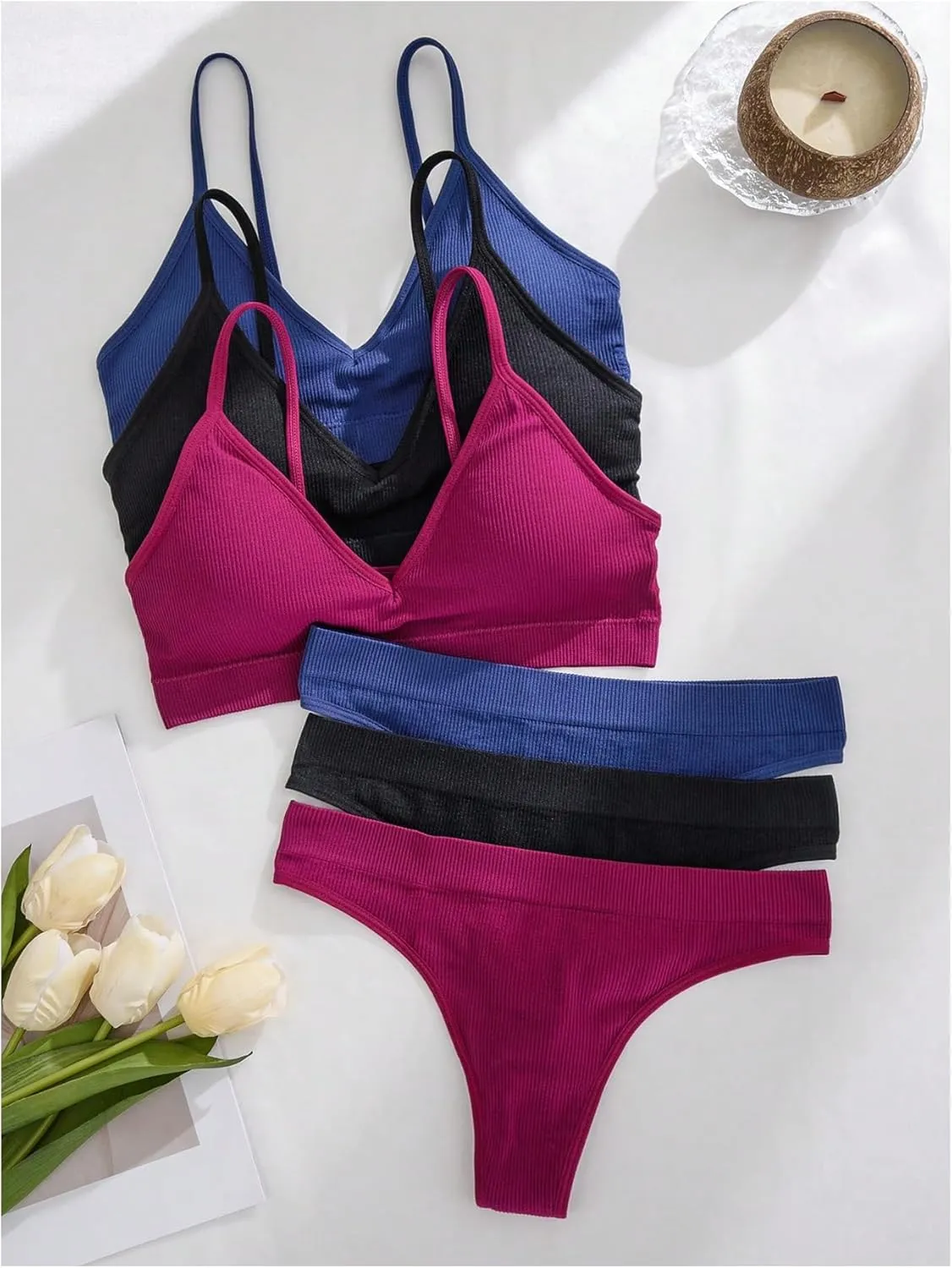 Women's 6 Piece Ribbed Knit Lingerie Sets Seamless Wireless No Show Bra and Panty Thong Sets Matching Underwear Sets