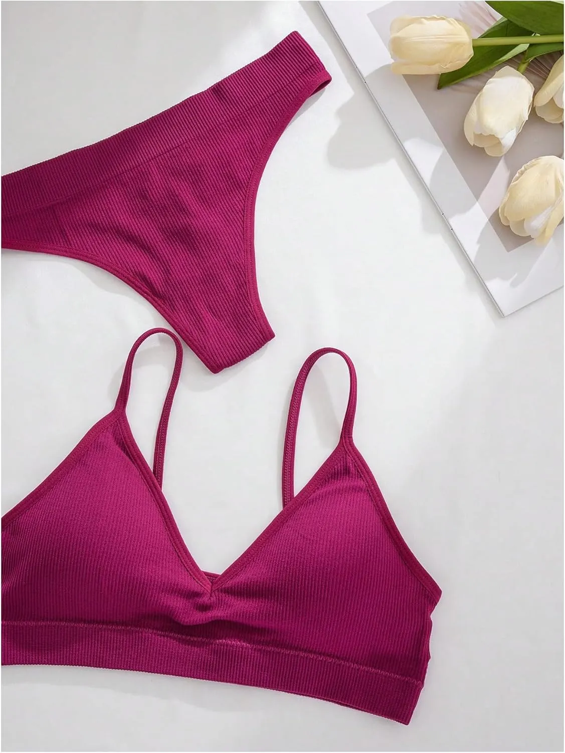 Women's 6 Piece Ribbed Knit Lingerie Sets Seamless Wireless No Show Bra and Panty Thong Sets Matching Underwear Sets