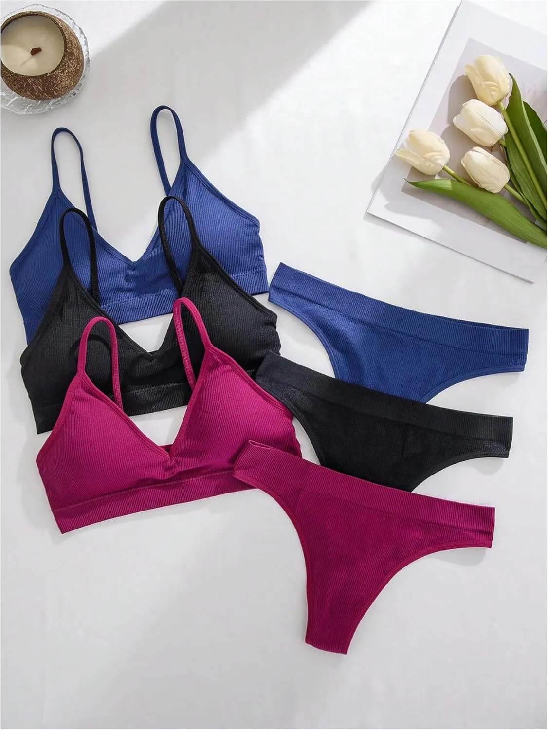 Women's 6 Piece Ribbed Knit Lingerie Sets Seamless Wireless No Show Bra and Panty Thong Sets Matching Underwear Sets