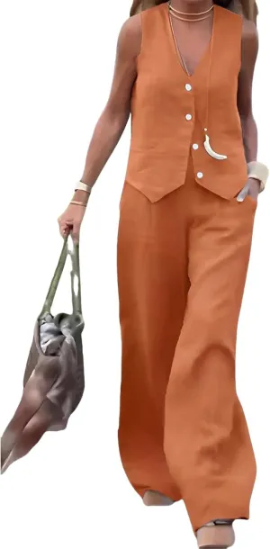 Womens Blazer Sets Two Piece Outfits Sleeveless Halter V-Neck Button Front Crop Blazer Suit Vest Wide Leg Pants