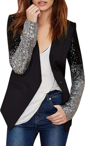 Womens Blazers Casual Fall,Leather Stand Up Gradient Sequin Patchwork Long Sleeve Womens Blazers for Work Casual
