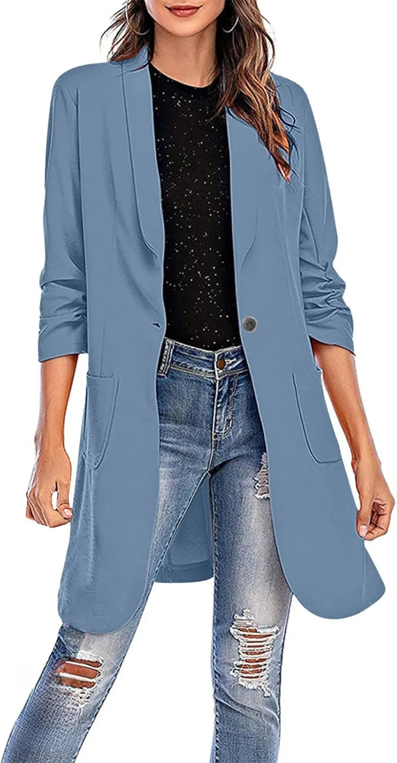Women's Casual Long Blazers Trendy Ruched 3/4 Sleeve Lapel Jackets Open Front Long Sleeve Work Office Suit Jackets