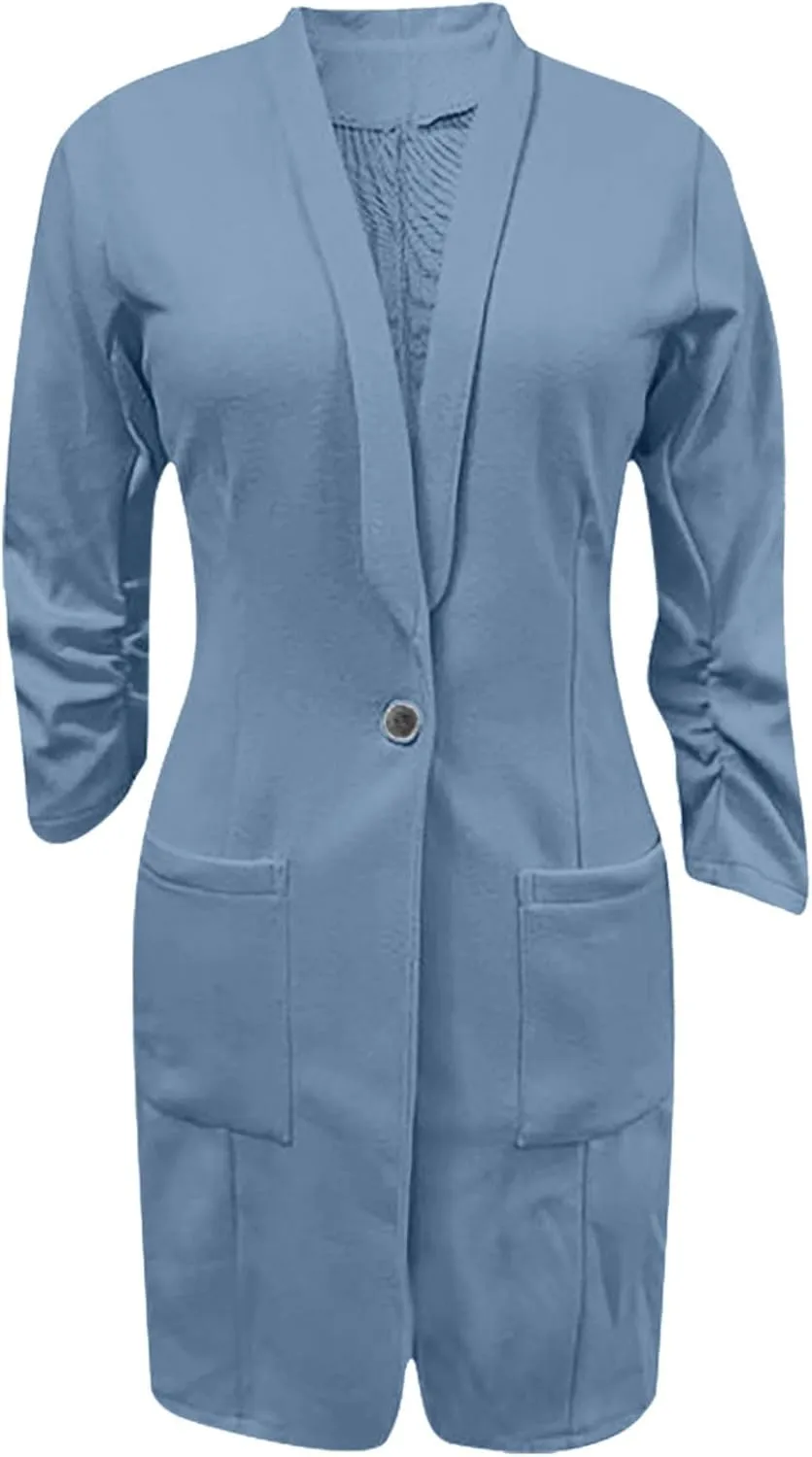 Women's Casual Long Blazers Trendy Ruched 3/4 Sleeve Lapel Jackets Open Front Long Sleeve Work Office Suit Jackets
