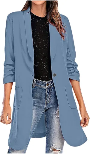 Women's Casual Long Blazers Trendy Ruched 3/4 Sleeve Lapel Jackets Open Front Long Sleeve Work Office Suit Jackets