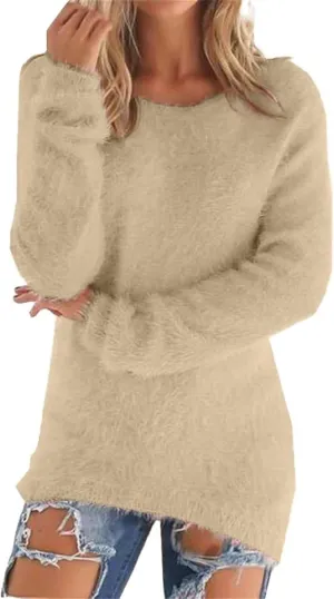 Womens Crewneck Tops Sweatshirt Fluffy Fuzzy Jumper Sweater for Women Fashionable Long Sleeve Pullovers Loose Tops