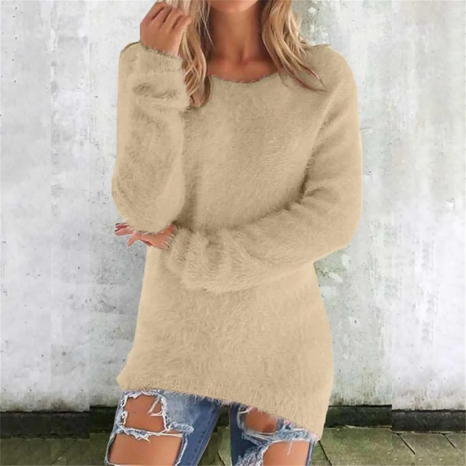 Womens Crewneck Tops Sweatshirt Fluffy Fuzzy Jumper Sweater for Women Fashionable Long Sleeve Pullovers Loose Tops