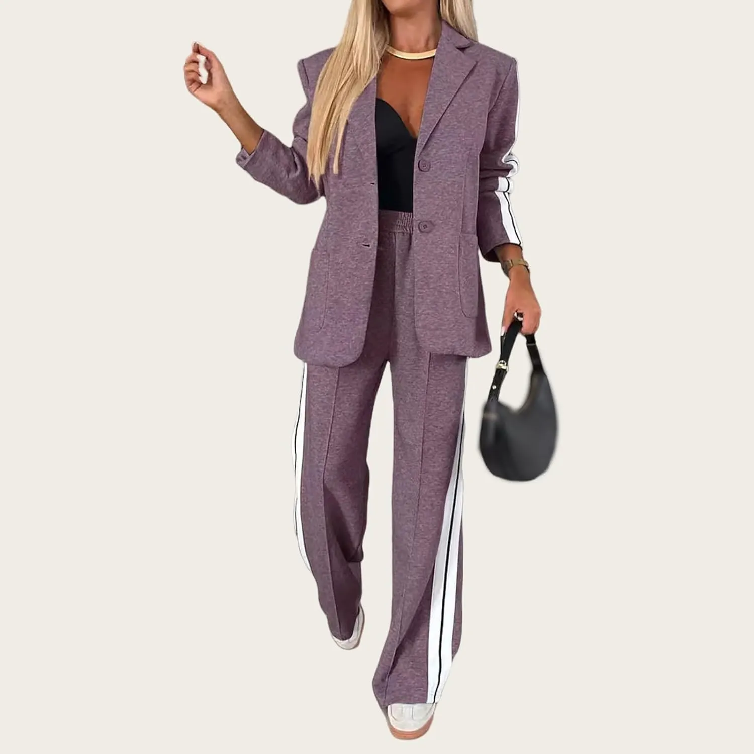 Womens Fall 2 Piece Blazer Set Oversized Jacket Wide Leg Pants Sets Lapel Button Up Blazers Business Casual Outfits Set