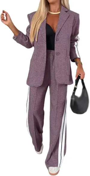 Womens Fall 2 Piece Blazer Set Oversized Jacket Wide Leg Pants Sets Lapel Button Up Blazers Business Casual Outfits Set