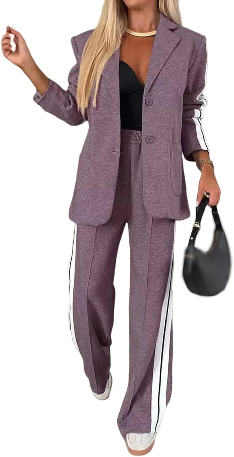 Womens Fall 2 Piece Blazer Set Oversized Jacket Wide Leg Pants Sets Lapel Button Up Blazers Business Casual Outfits Set