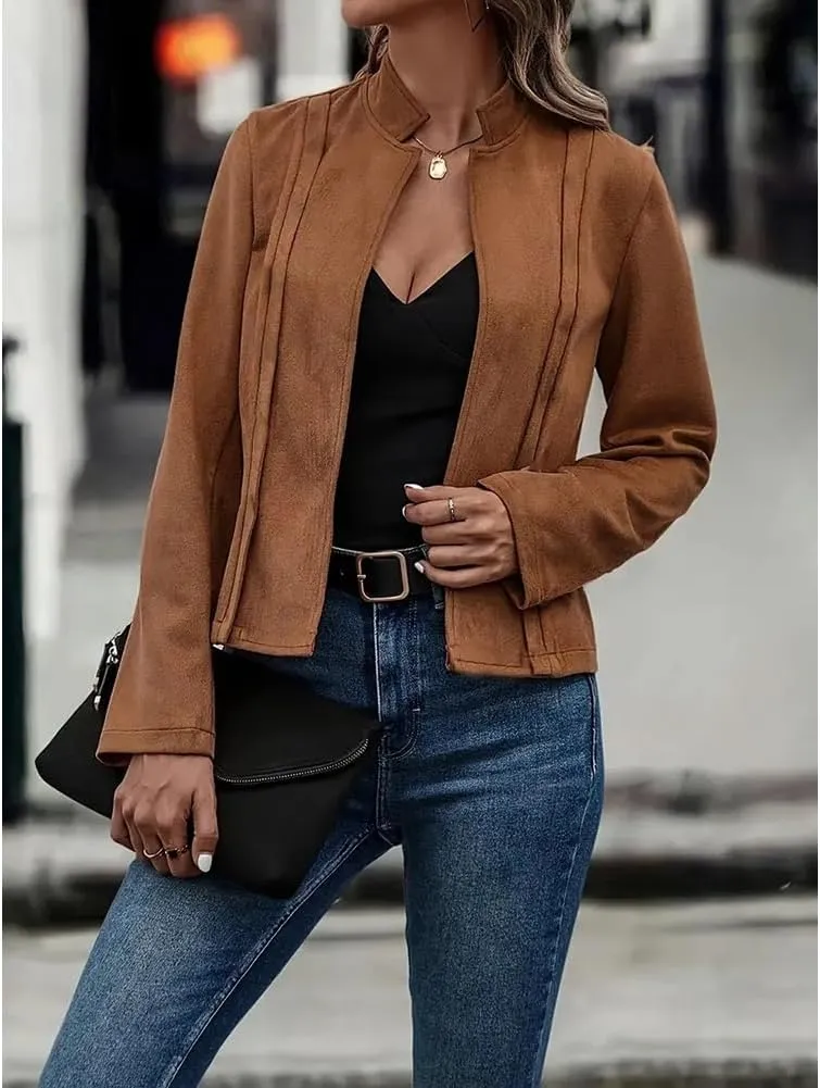 Women'S Fall Faux Suede Jackets Long Sleeve Coats Fashion Dressy Outwear cropped jackets
