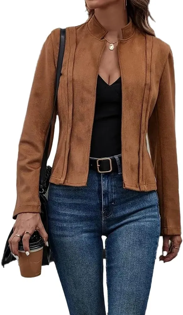 Women'S Fall Faux Suede Jackets Long Sleeve Coats Fashion Dressy Outwear cropped jackets