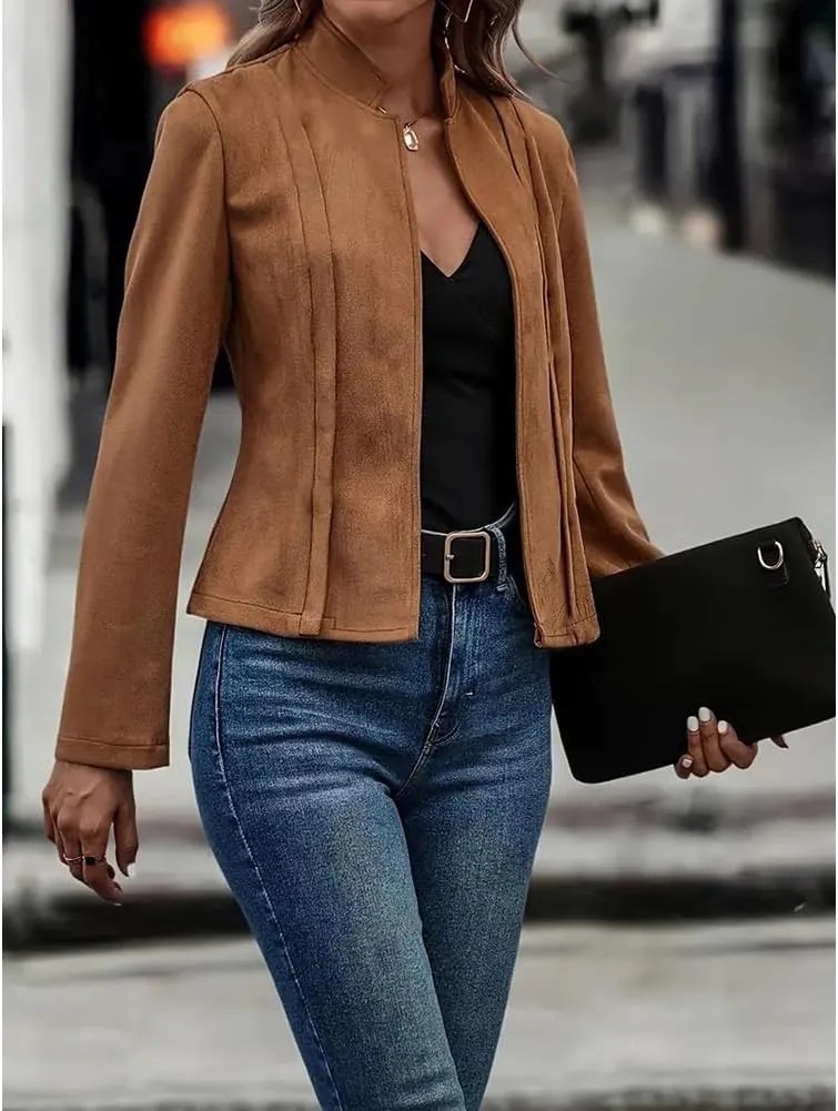 Women'S Fall Faux Suede Jackets Long Sleeve Coats Fashion Dressy Outwear cropped jackets