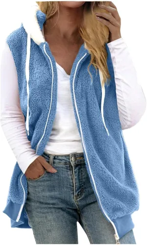 Womens Fall Winter Sleeveless Coat Zip Up Hoodie Jacket Warm Sherpa Jackets Vest Coats with Pockets