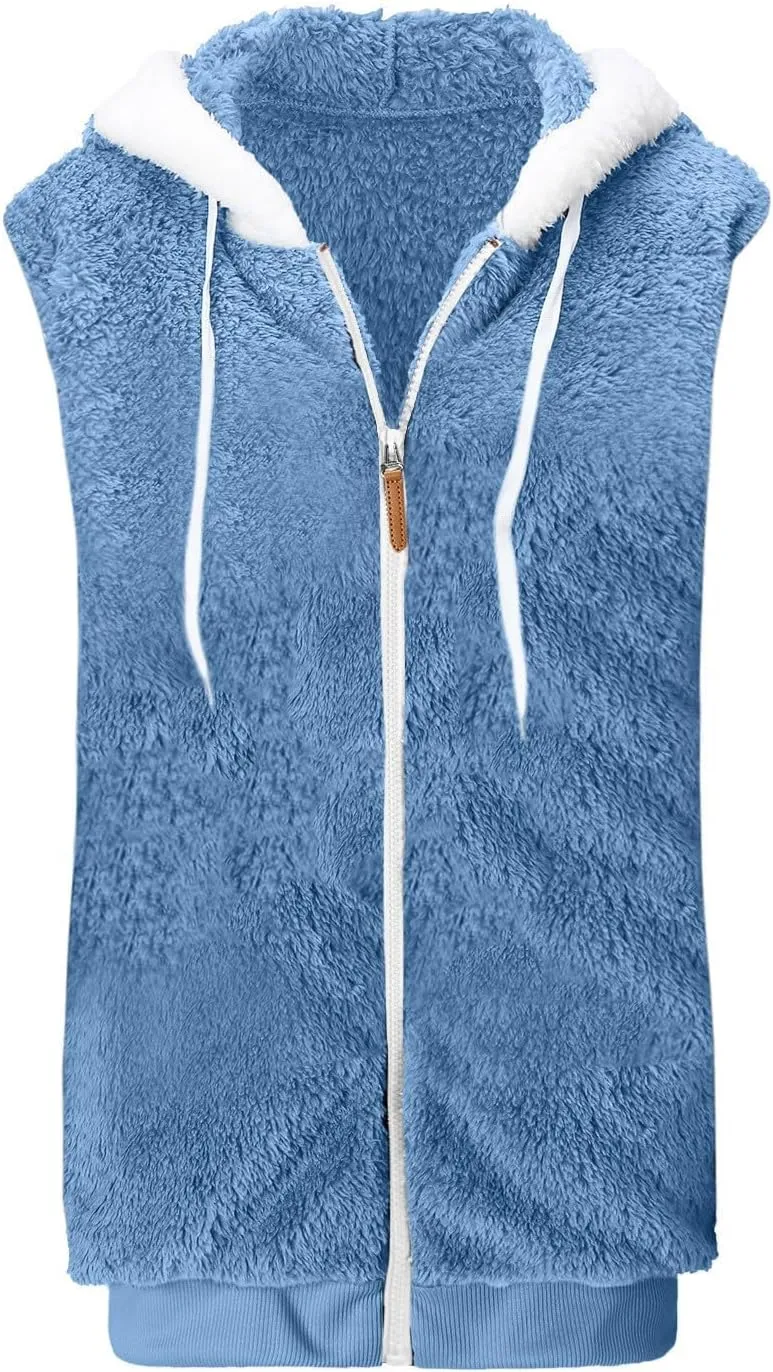 Womens Fall Winter Sleeveless Coat Zip Up Hoodie Jacket Warm Sherpa Jackets Vest Coats with Pockets