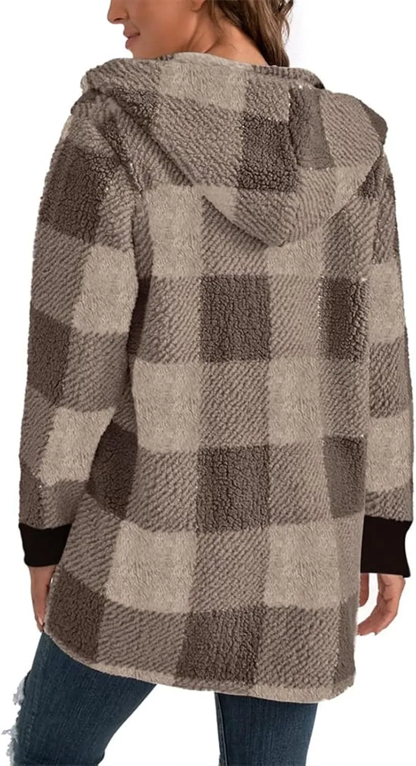 Womens Fleece Sherpa Jackets Winter Warm Plush Hooded Jackets Casual Plaid Long Sleeve Cardigan Outerwear