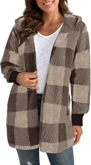 Womens Fleece Sherpa Jackets Winter Warm Plush Hooded Jackets Casual Plaid Long Sleeve Cardigan Outerwear