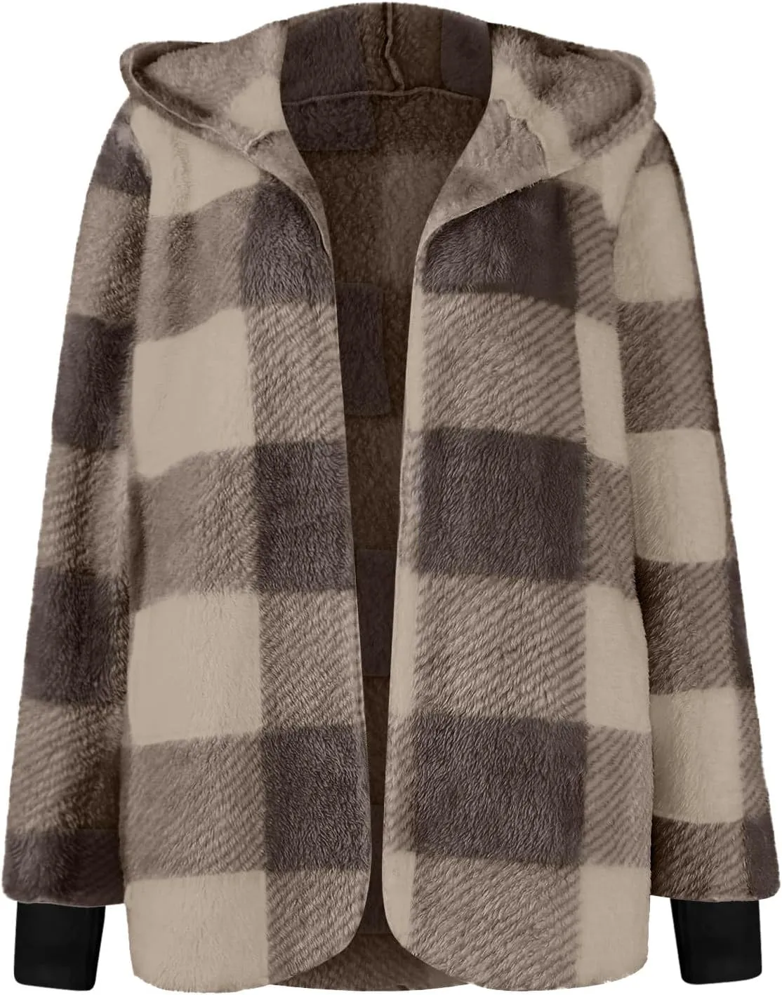 Womens Fleece Sherpa Jackets Winter Warm Plush Hooded Jackets Casual Plaid Long Sleeve Cardigan Outerwear