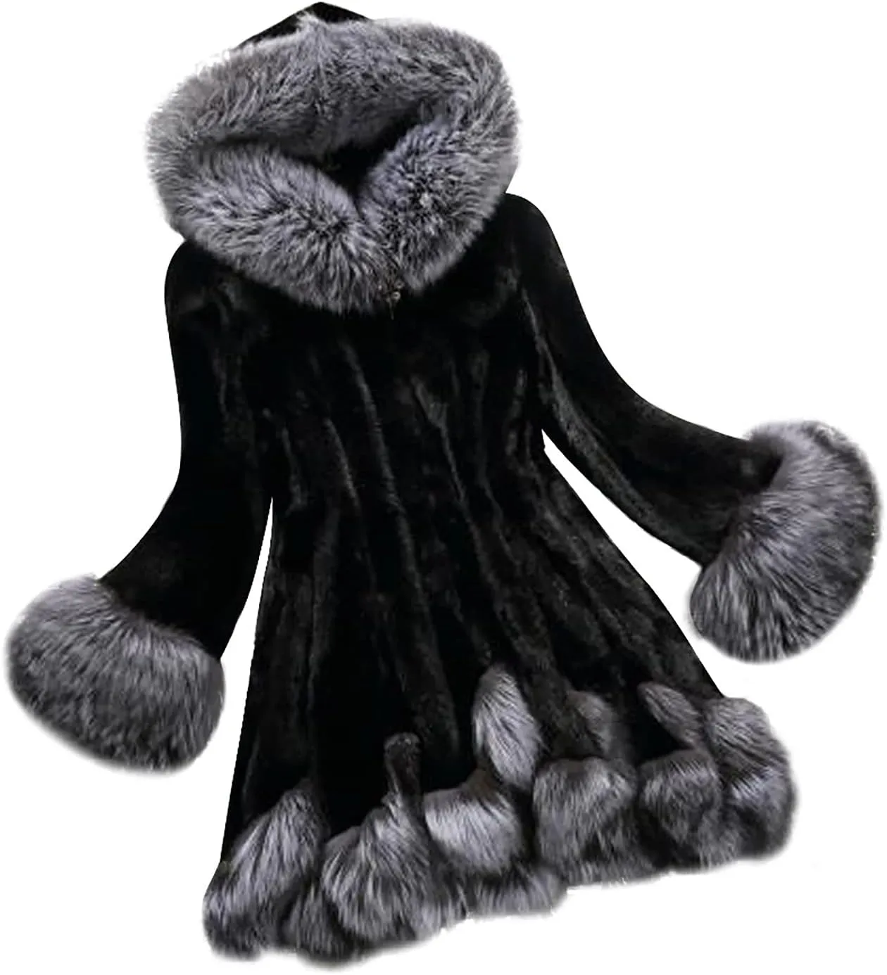 Womens Furry Hooded Jackets Faux Fur Splicing Jacket Warm Winter Coats for Women Plus Size Fluffy Outerwear