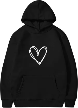 Womens Heart Print Hoodies Trendy Long Sleeve Love Graphic Sweatshirt Loose Casual Cute Fall Pullover Top with Pocket