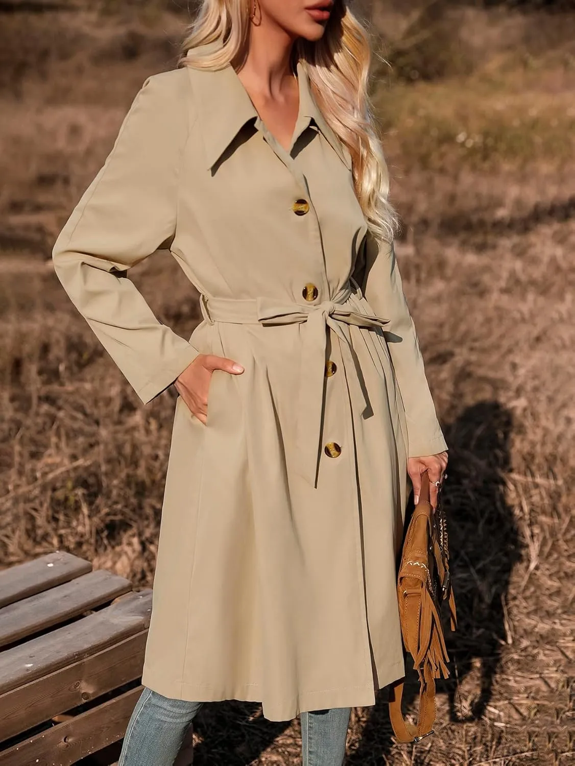 Women's Jackets Single Breasted Belted Trench Coat Women Jackets (Color : Apricot, Size : Large)