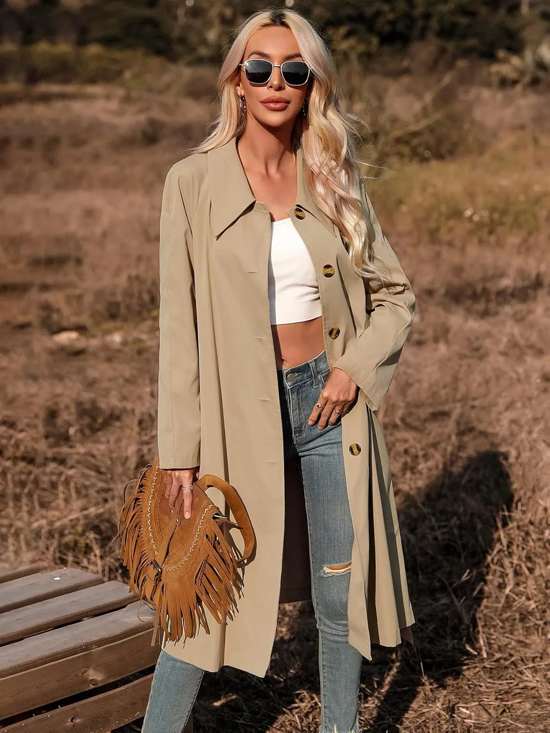 Women's Jackets Single Breasted Belted Trench Coat Women Jackets (Color : Apricot, Size : Large)
