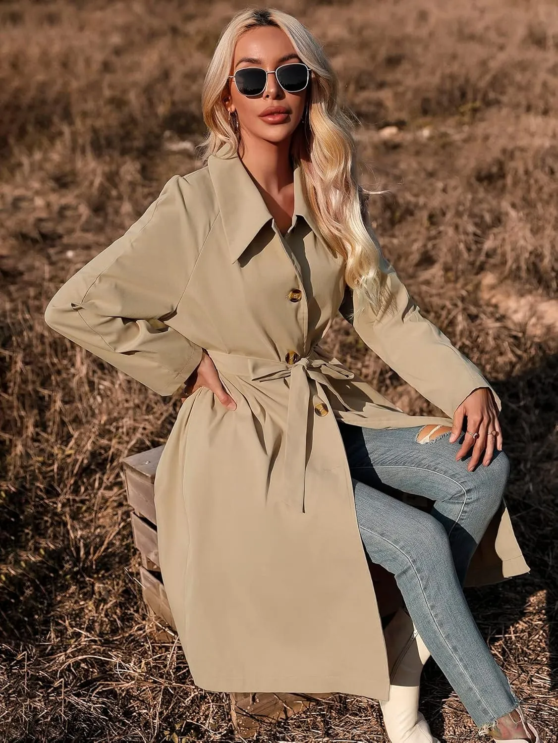 Women's Jackets Single Breasted Belted Trench Coat Women Jackets (Color : Apricot, Size : Large)