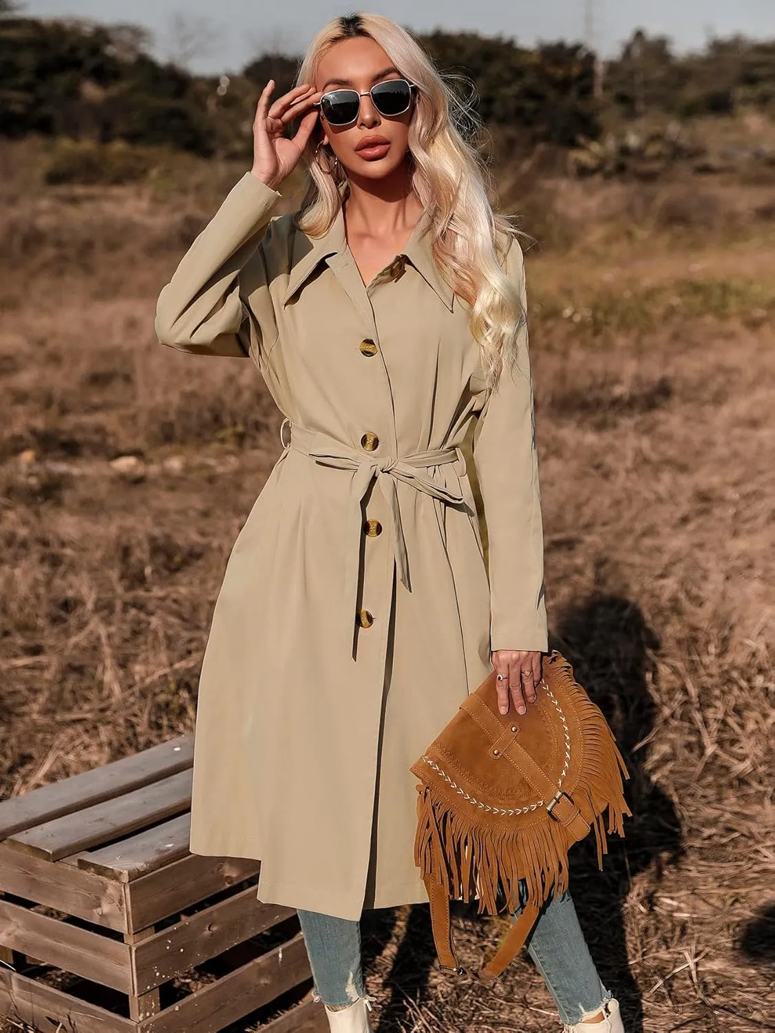 Women's Jackets Single Breasted Belted Trench Coat Women Jackets (Color : Apricot, Size : Large)