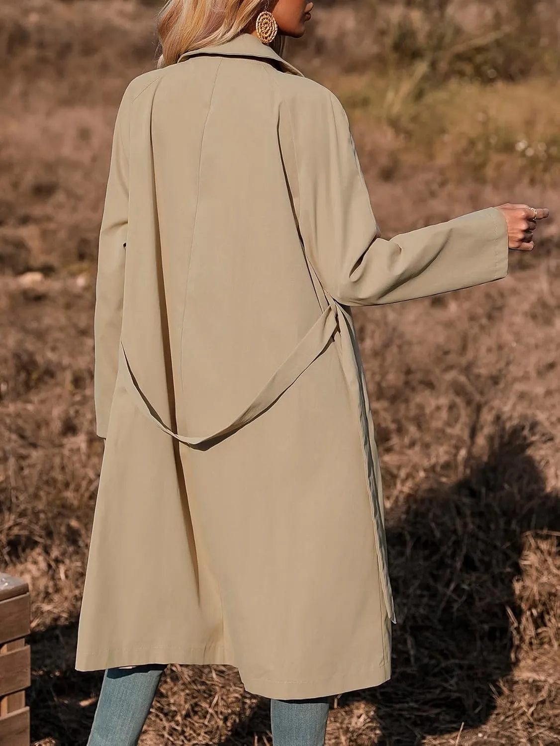 Women's Jackets Single Breasted Belted Trench Coat Women Jackets (Color : Apricot, Size : Large)
