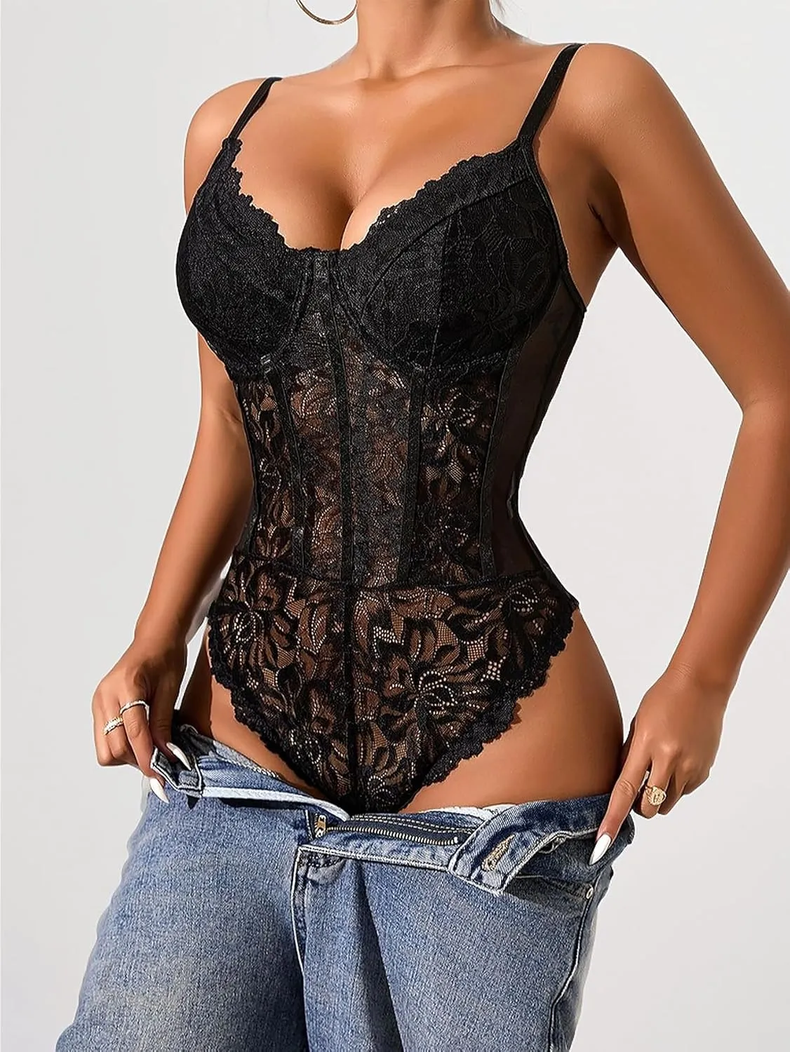 Women's Lace Corset Babydoll One Piece Lingerie Bodysuit