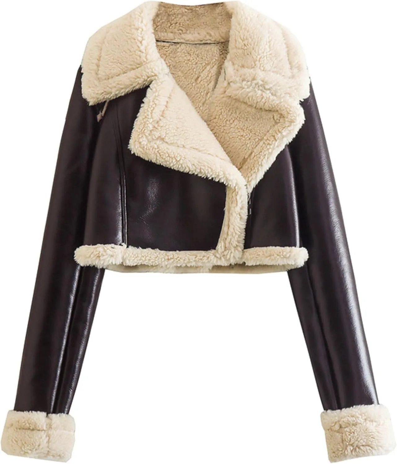 Women's Lamb Sherpa Lined Jacket Sexy Crop Fur Coats Winter Short Coat Zipper Motorcycle Style Jacket