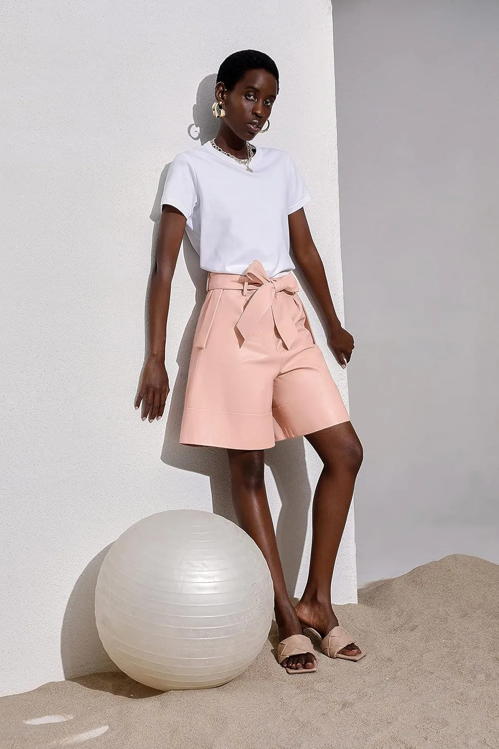 Women's Leather Shorts High Waisted Wide Leg Paperbag Shorts with Belt