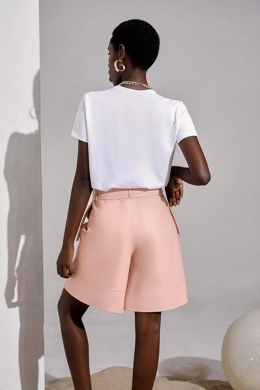 Women's Leather Shorts High Waisted Wide Leg Paperbag Shorts with Belt