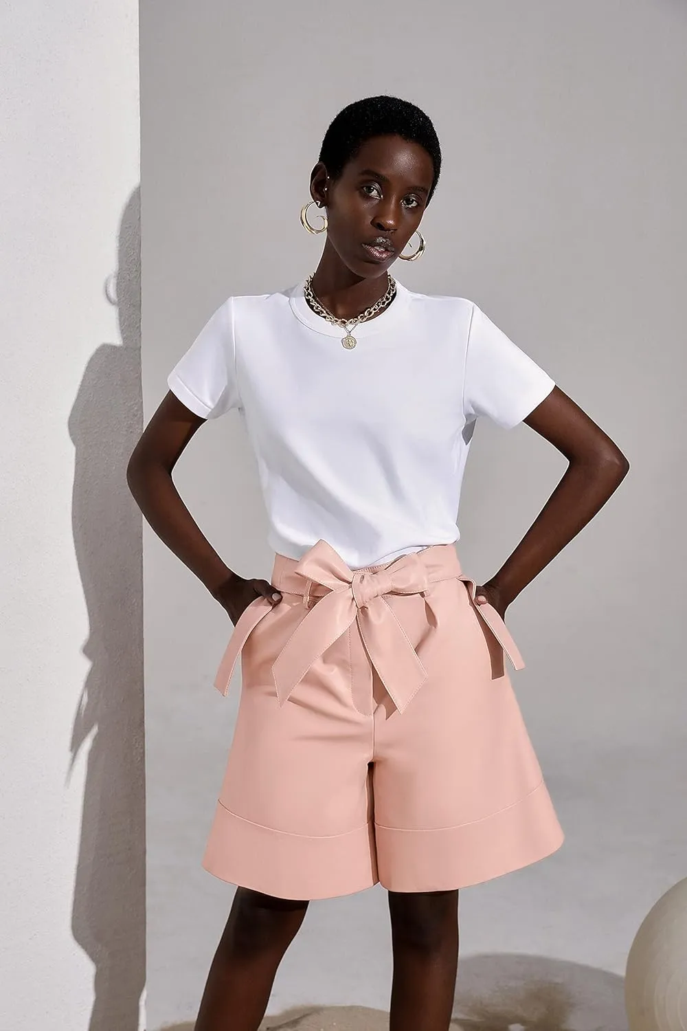 Women's Leather Shorts High Waisted Wide Leg Paperbag Shorts with Belt
