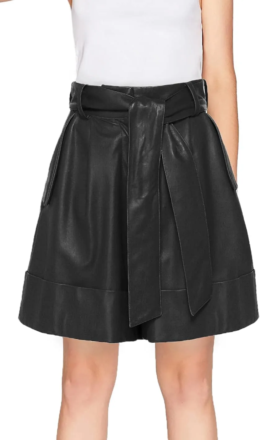 Women's Leather Shorts High Waisted Wide Leg Paperbag Shorts with Belt