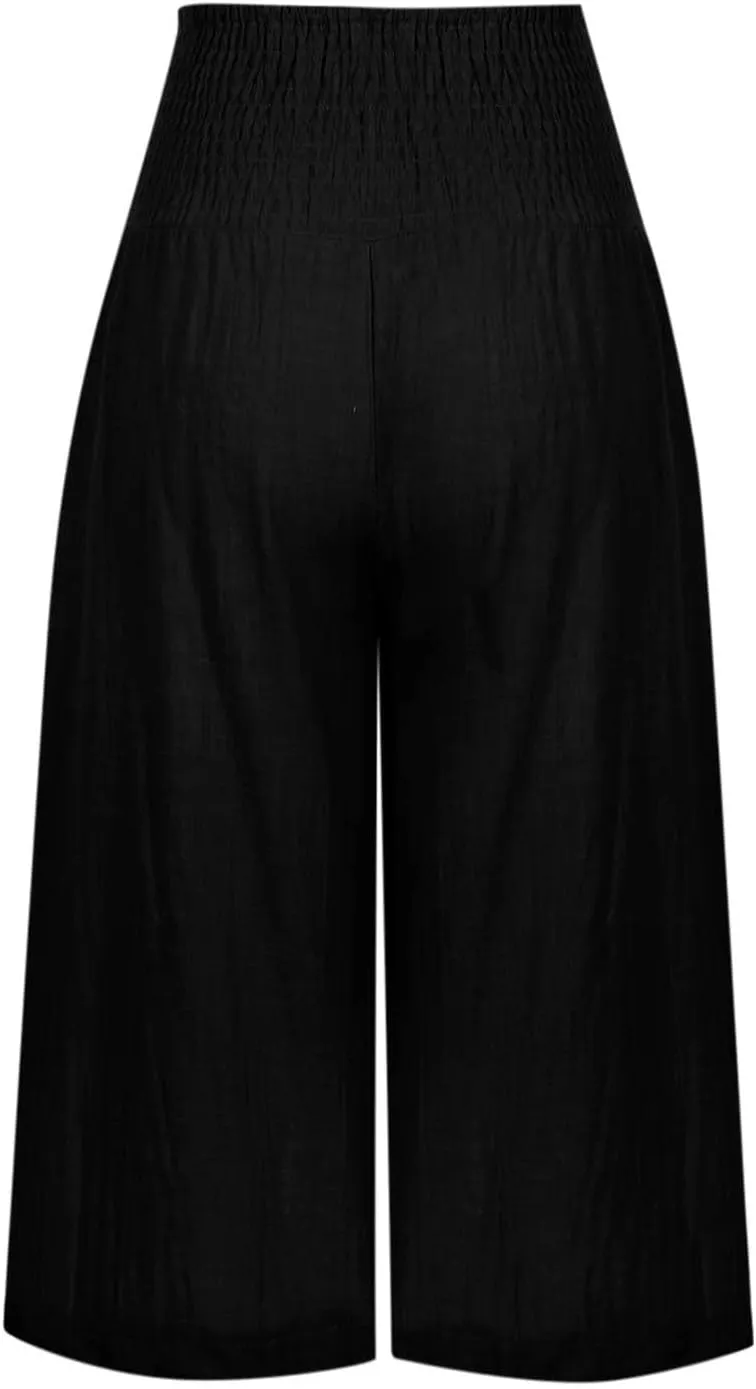 Womens Linen Palazzo Capri with Pockets Smocked High Waist Wide Leg Pants Casual Loungewear Flowy Summer Bottoms