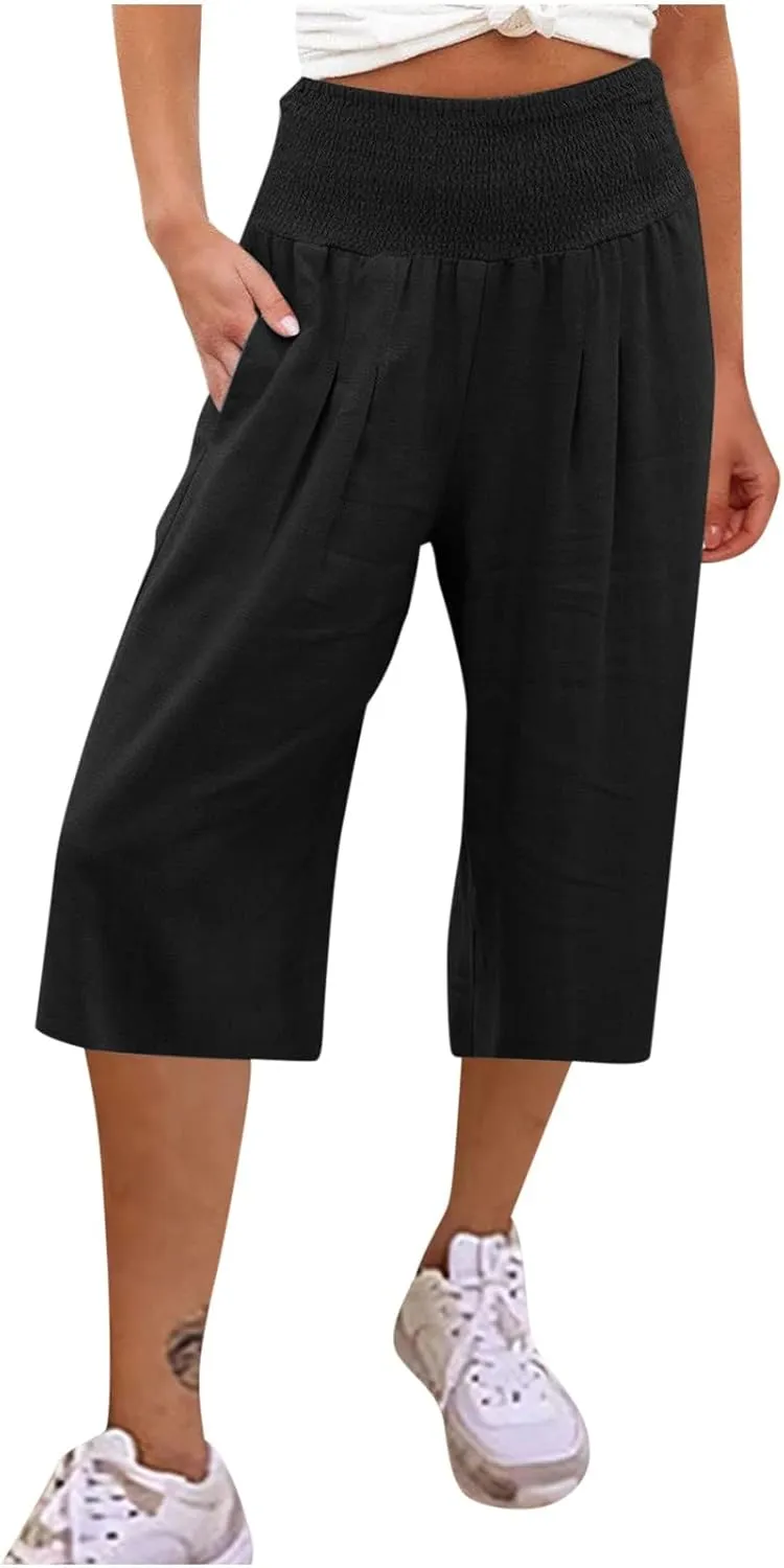 Womens Linen Palazzo Capri with Pockets Smocked High Waist Wide Leg Pants Casual Loungewear Flowy Summer Bottoms