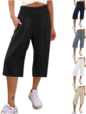 Womens Linen Palazzo Capri with Pockets Smocked High Waist Wide Leg Pants Casual Loungewear Flowy Summer Bottoms